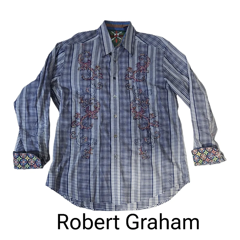 Robert Graham Plaid Embroidered Mens Shirt Suze Large - Picture 2 of 16